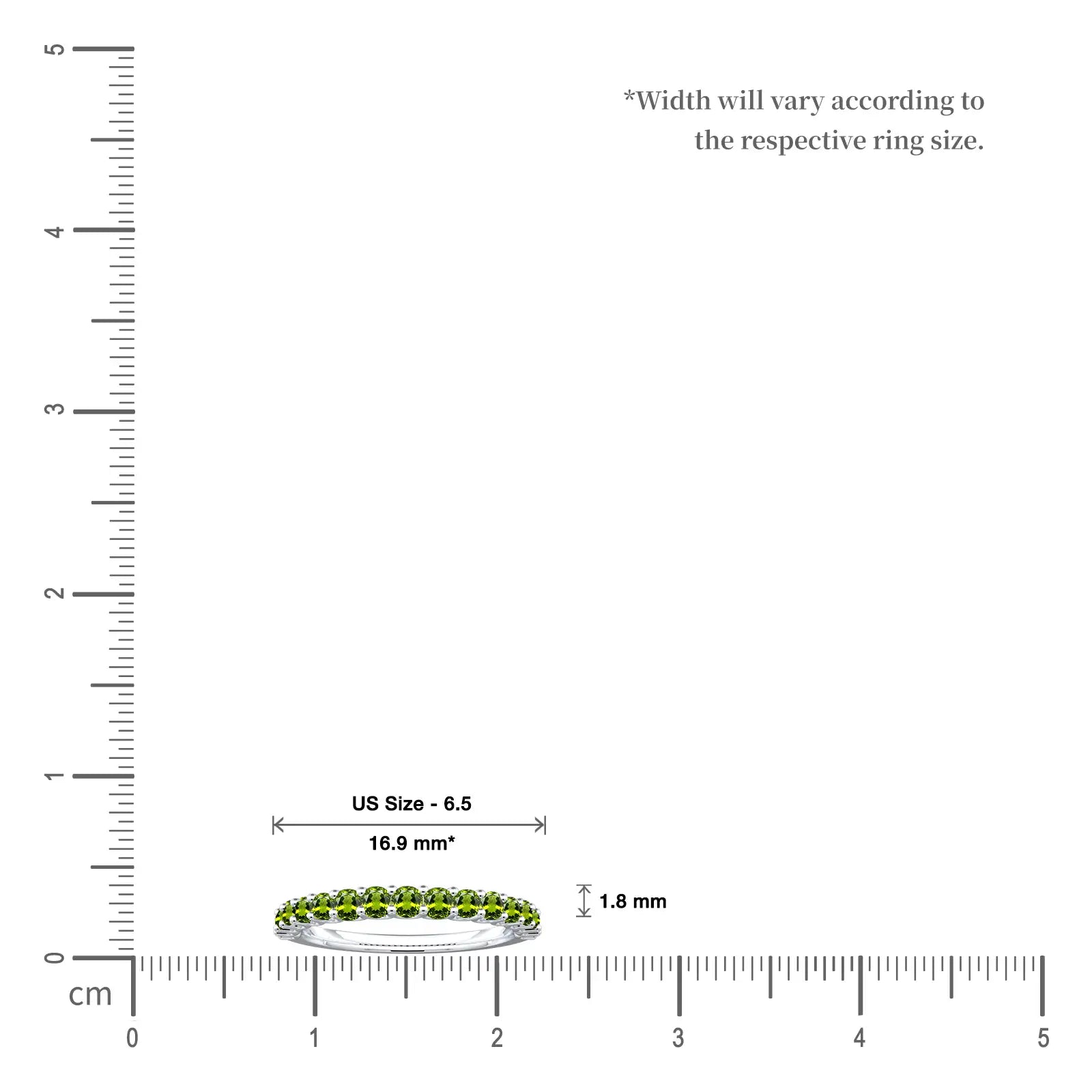 August Birthstone Half Eternity Peridot Ring on a ruler for size reference