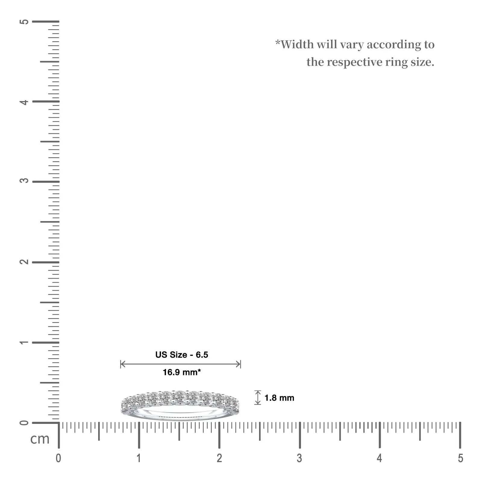 Measurement chart of the April Birthstone Half Eternity White Topaz Ring by Fortune Jewellery