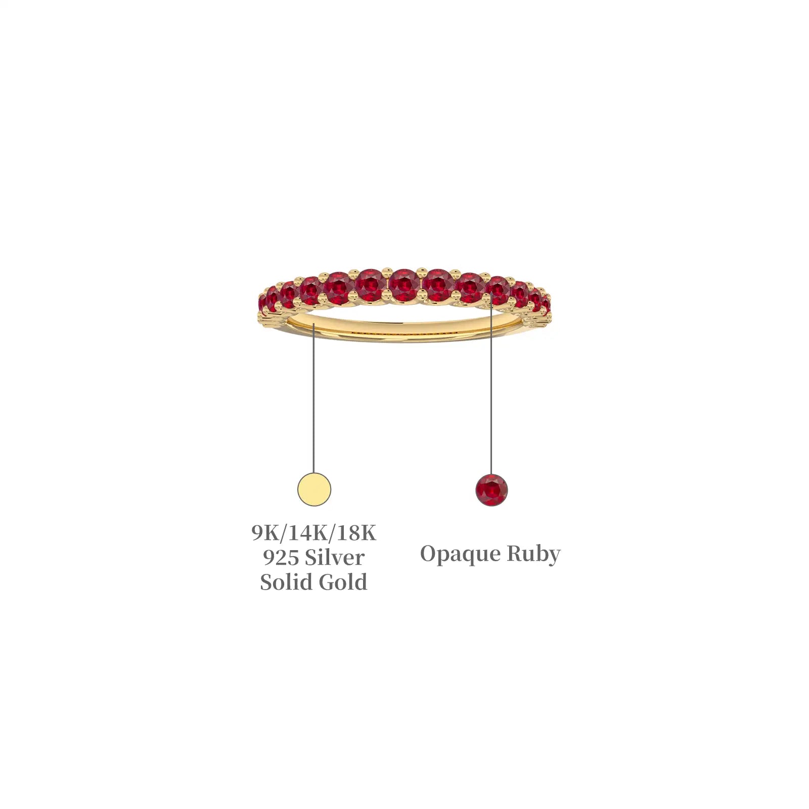 July birthstone half eternity opaque ruby ring descriptive image