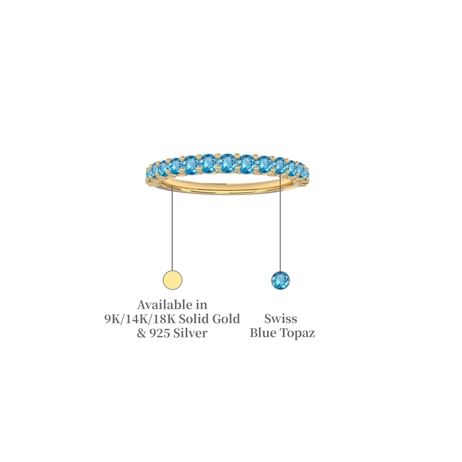 Descriptive image of yellow gold march birthstone half eternity swiss blue topaz ring