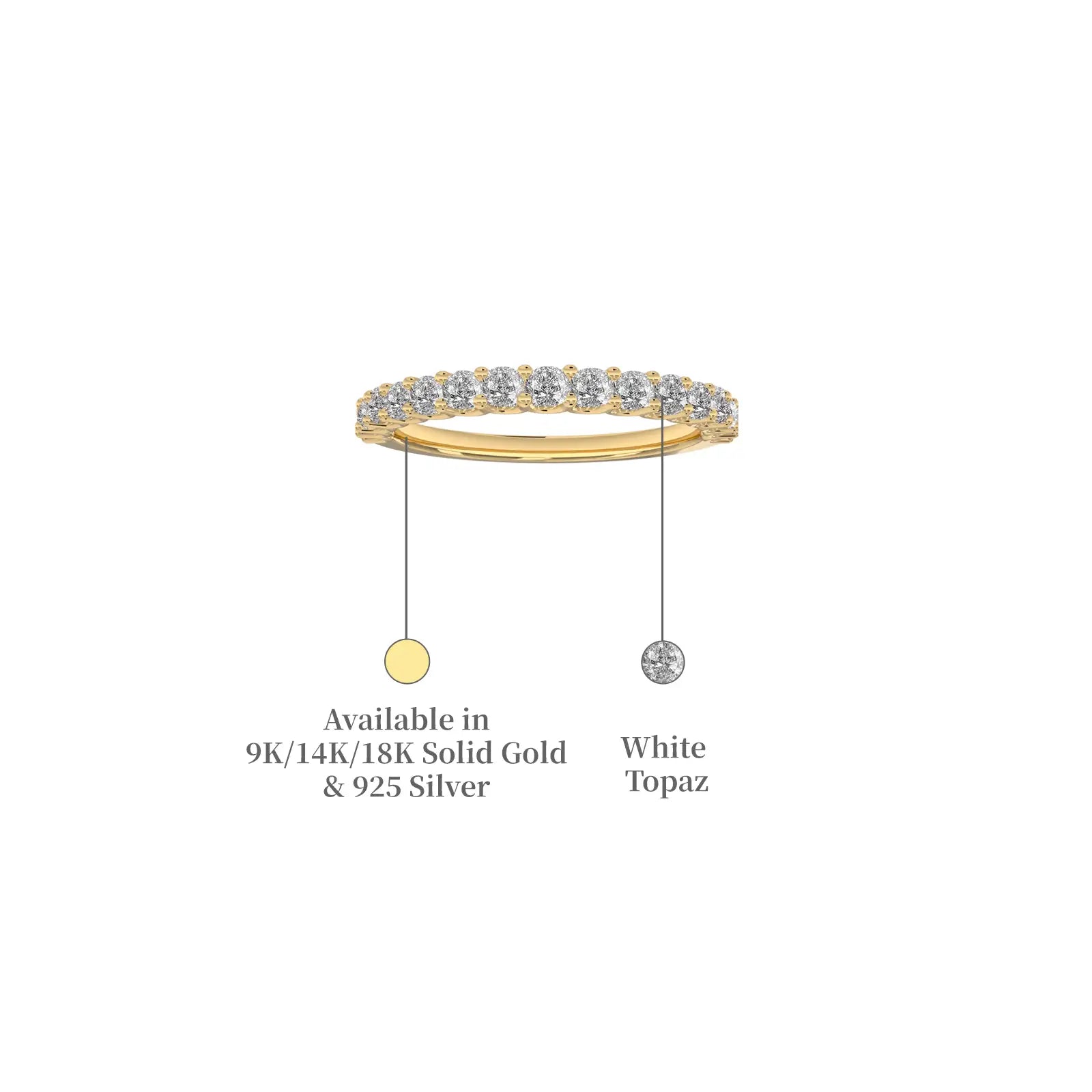 Descriptive image of yellow gold april birthstone half eternity white topaz ring