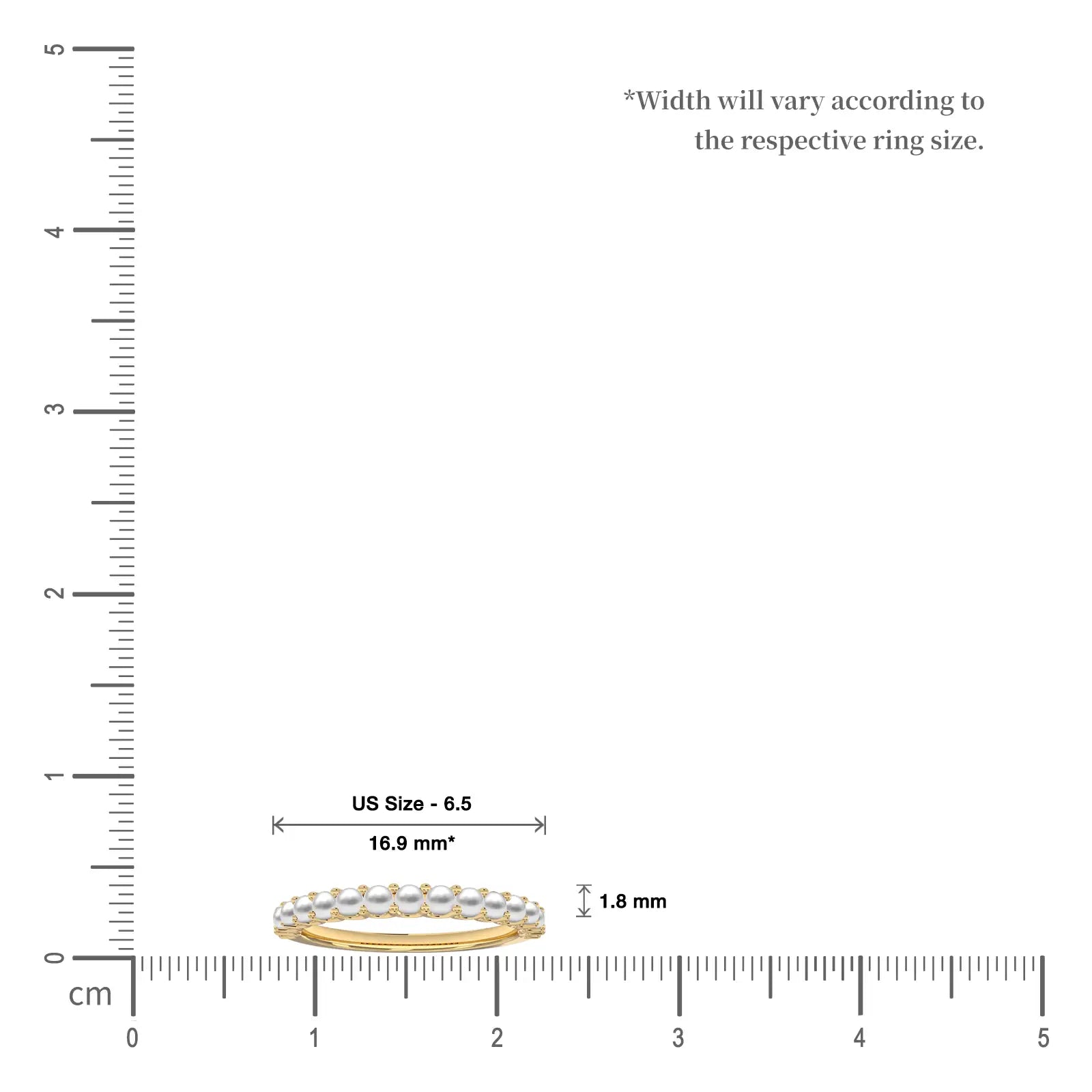 June Birthstone Half Eternity Pearl Ring on a ruler for size reference