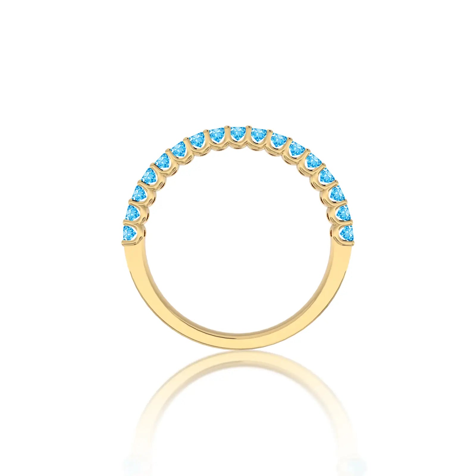 Yellow gold march birthstone half eternity swiss blue topaz ring