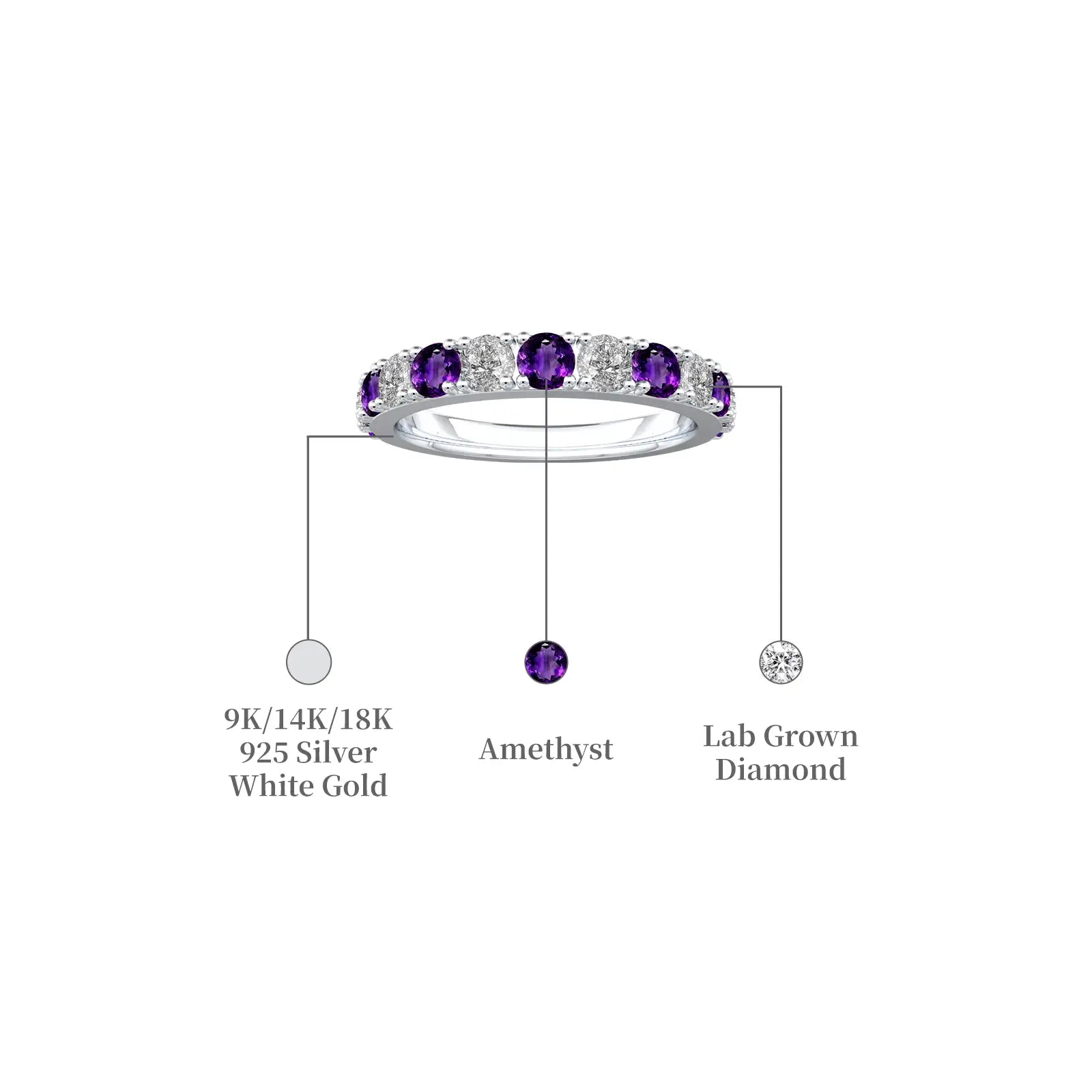 Stylish february birthstone half eternity amethyst ring descriptive image
