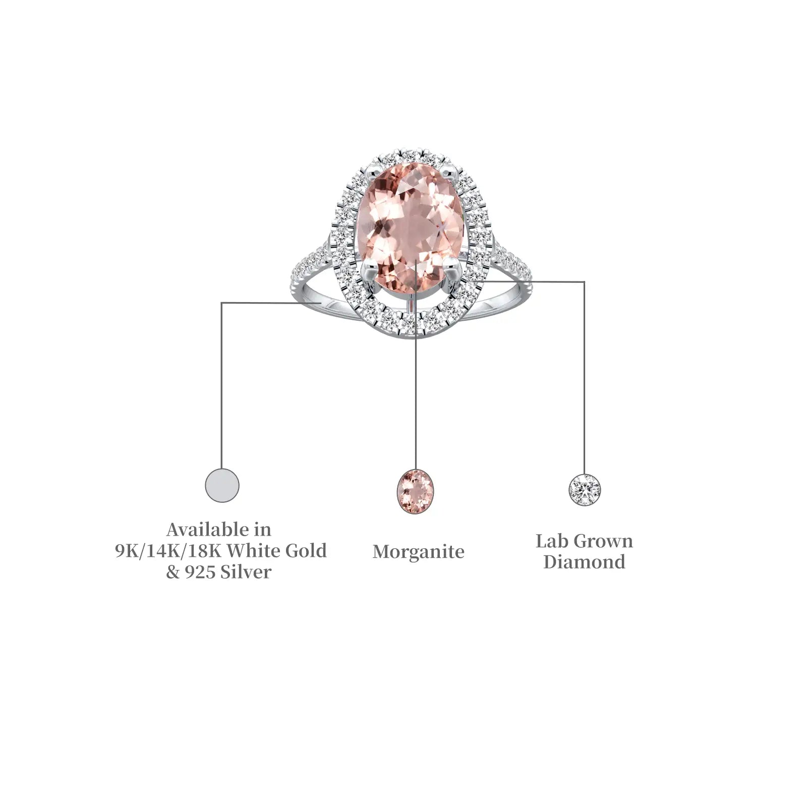 Descriptive image of mei 玫 oval morganite halo ring