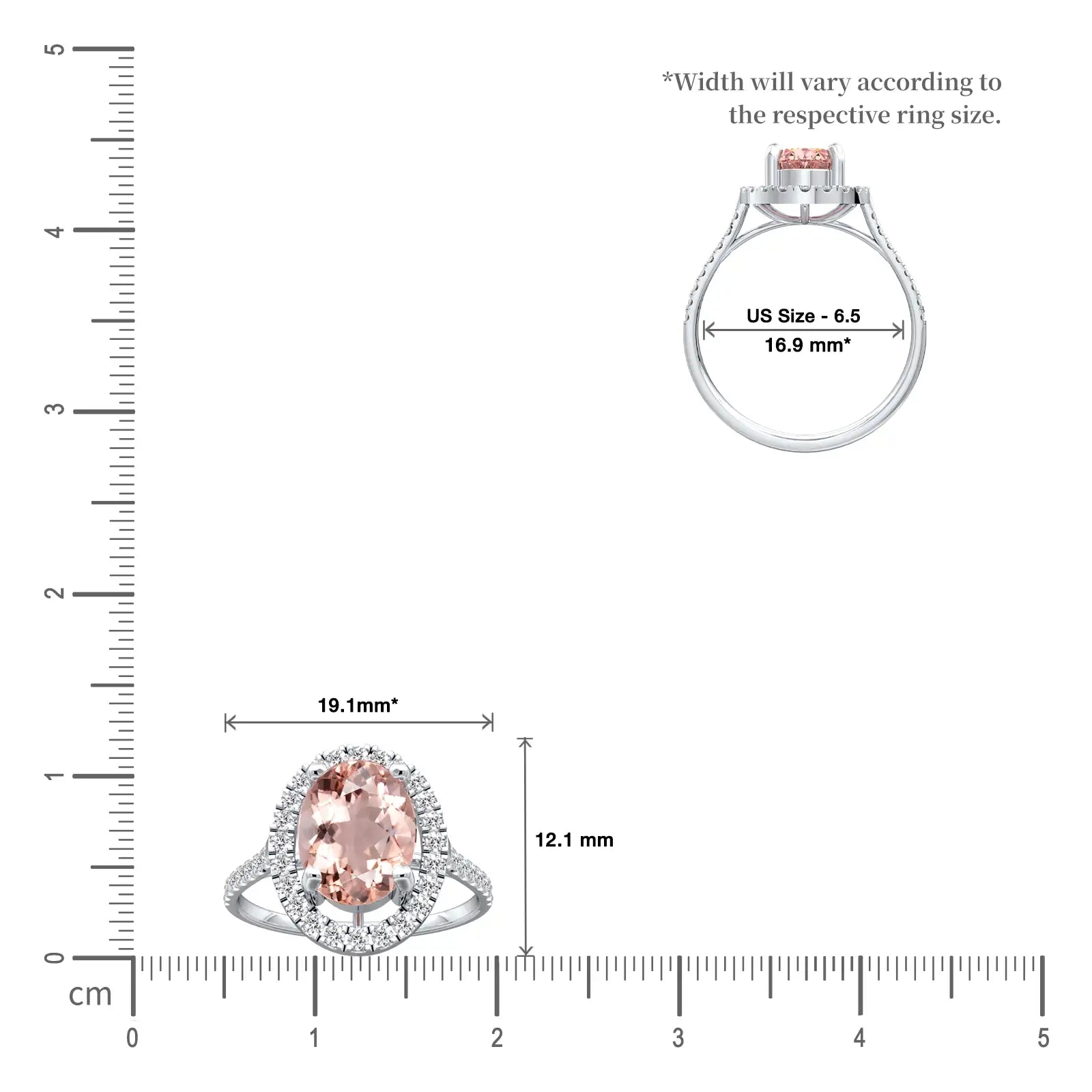 Dimension details of mei 玫 oval morganite halo ring