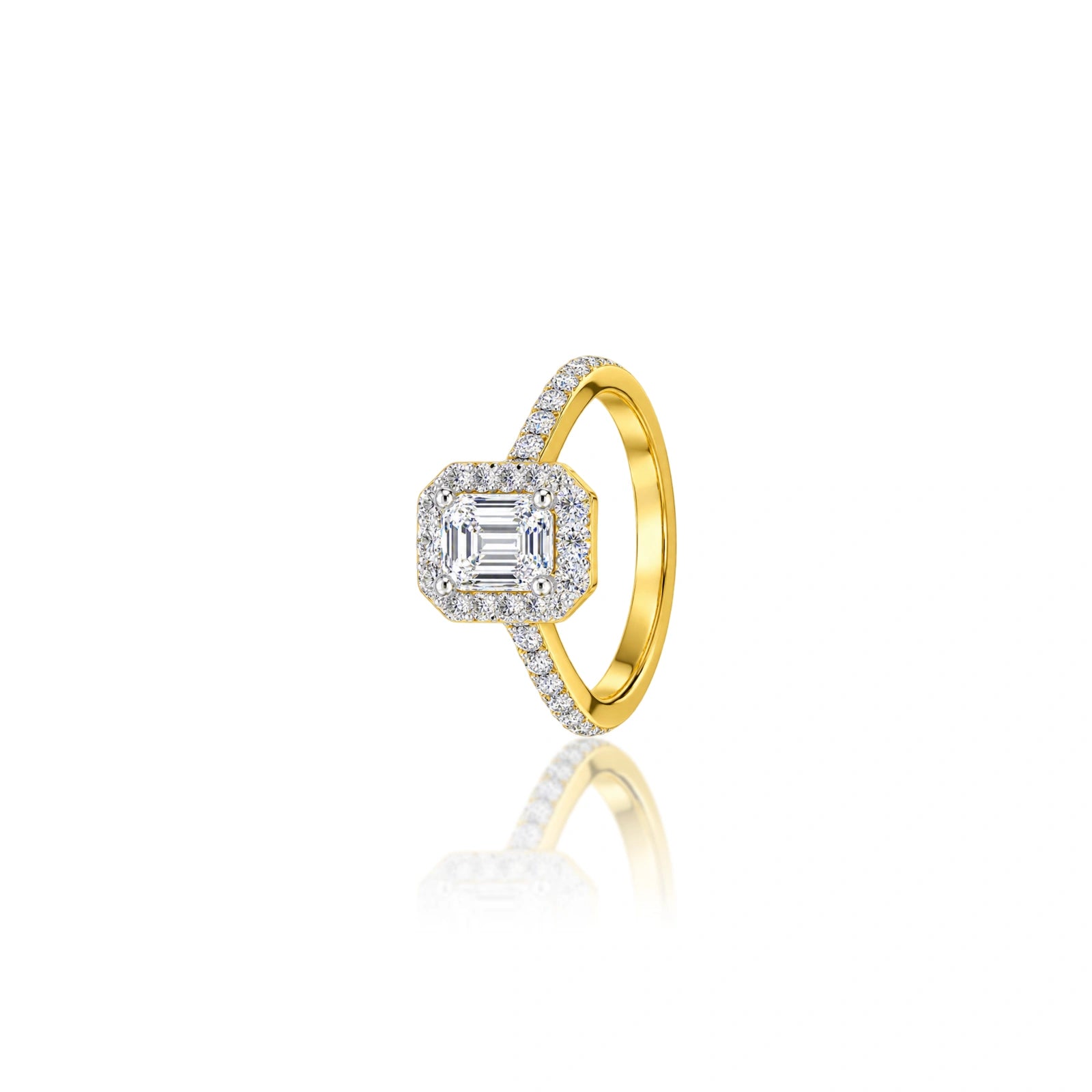 Side view of 0.5 Ct Emerald Cut Diamond Halo Engagement Ring by Fortune Jewellery 