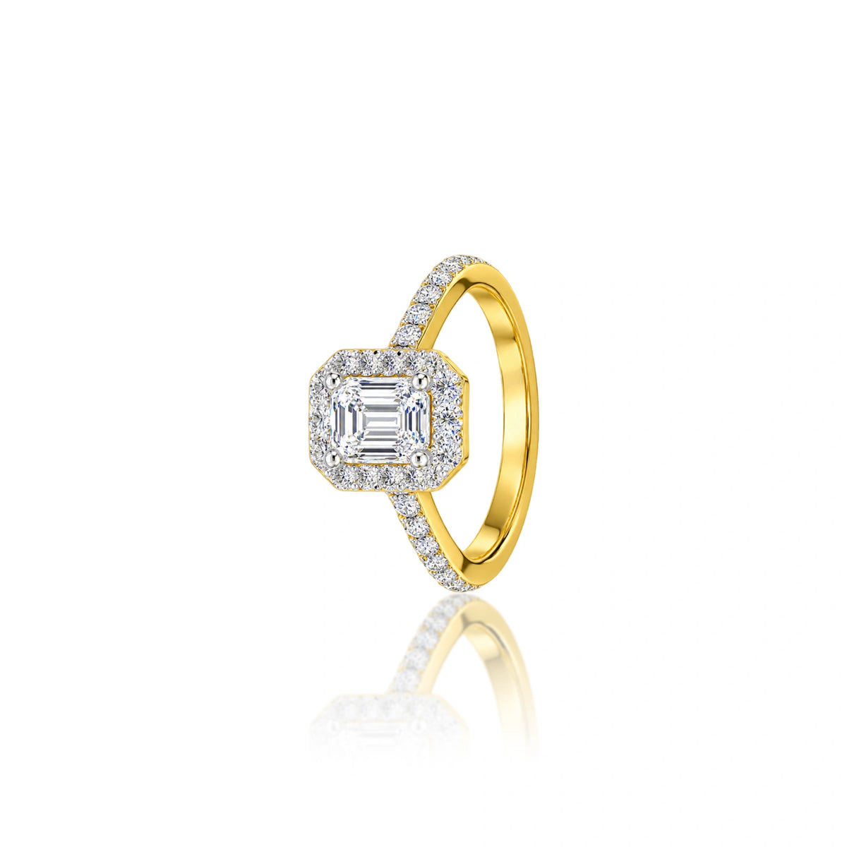 Side view of 0.75 Ct Emerald Cut Diamond Halo Engagement Ring by Fortune Jewellery