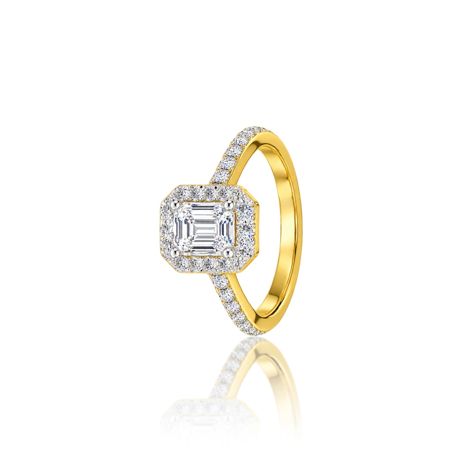 Side profile of 1 Ct Emerald Cut Diamond Halo Engagement Ring by Fortune Jewellery