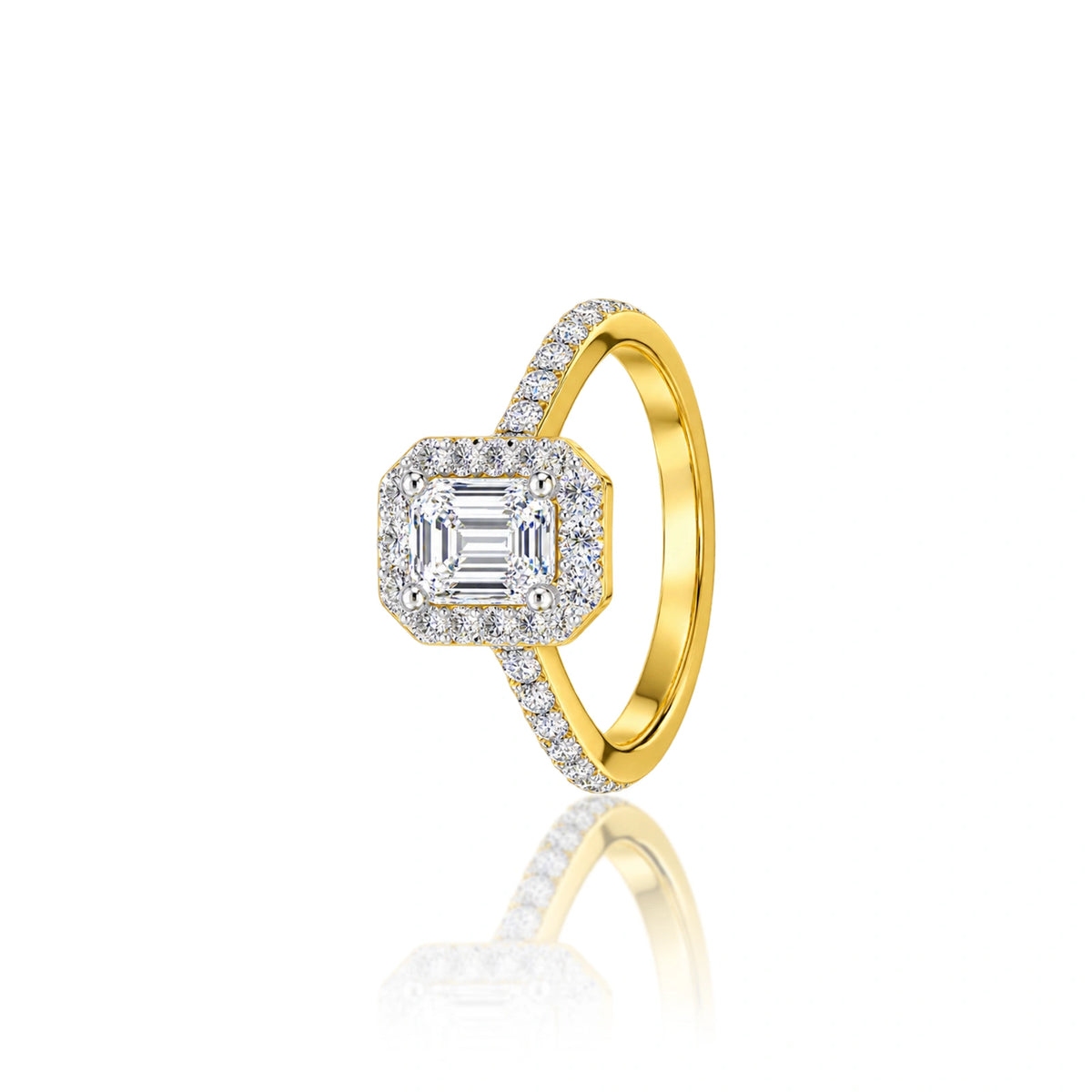 Side profile of 1 Ct Emerald Cut Diamond Halo Engagement Ring by Fortune Jewellery