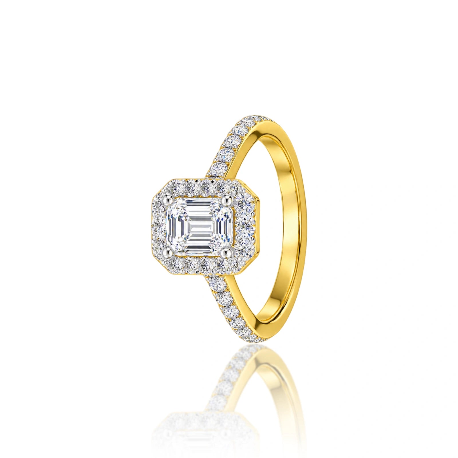 Elegant side view of 2 Ct Emerald Cut Diamond Halo Engagement Ring by Fortune Jewellery