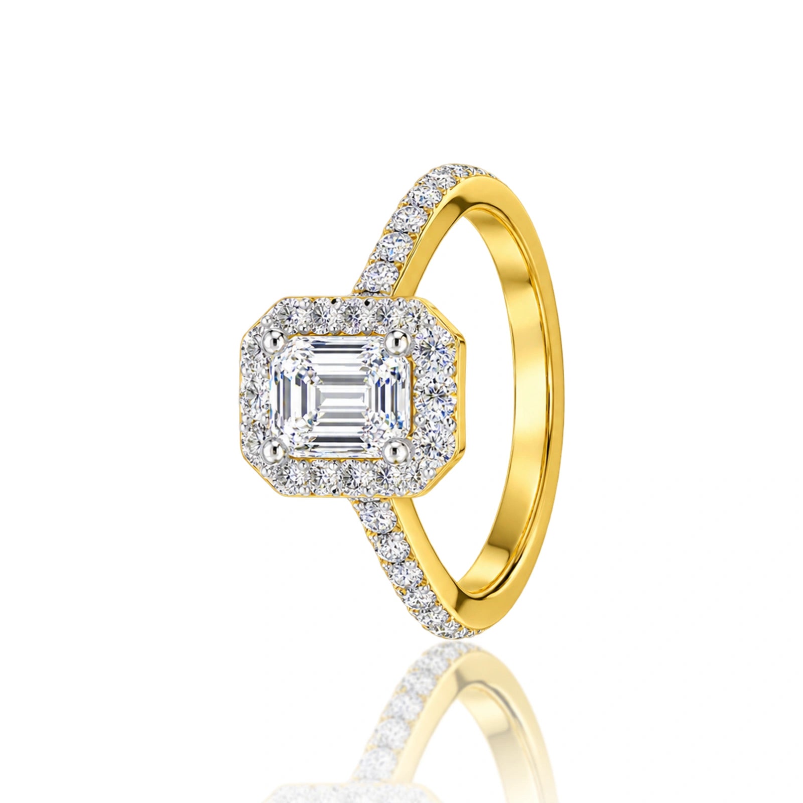 Luxurious side view of 4 Ct Emerald Cut Diamond Halo Engagement Ring by Fortune Jewellery