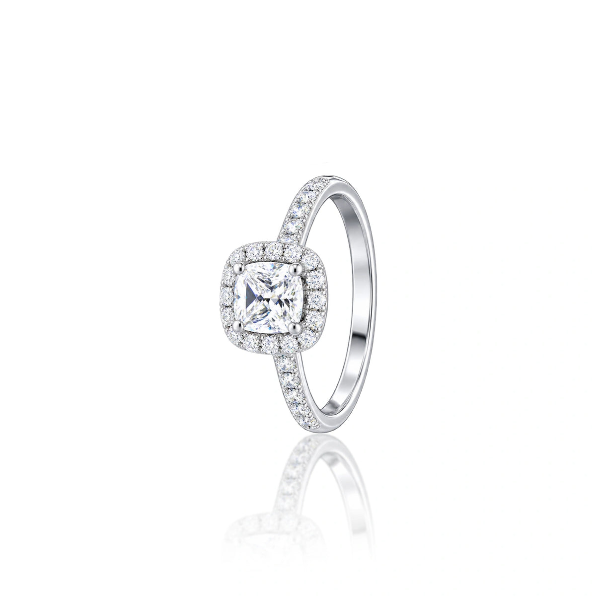 Side view of 1 Ct Cushion Cut Lab Grown Diamond Halo Pave Ring by Fortune Jewellery