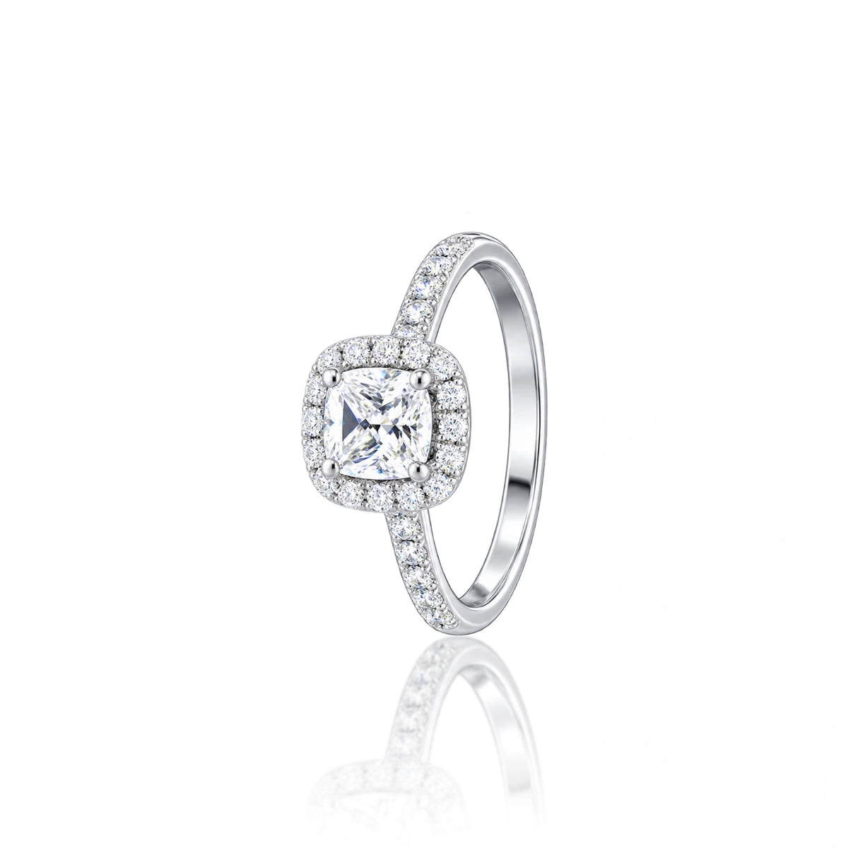 Side profile of 2 Ct Cushion Cut Lab Grown Diamond Halo Pave Ring by Fortune Jewellery