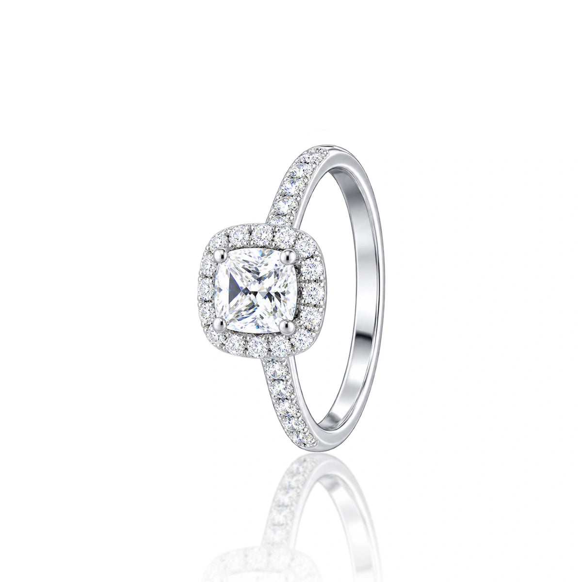 Side view of the 3 Ct Cushion Cut Lab Grown Diamond Halo Pave Ring by Fortune Jewellery