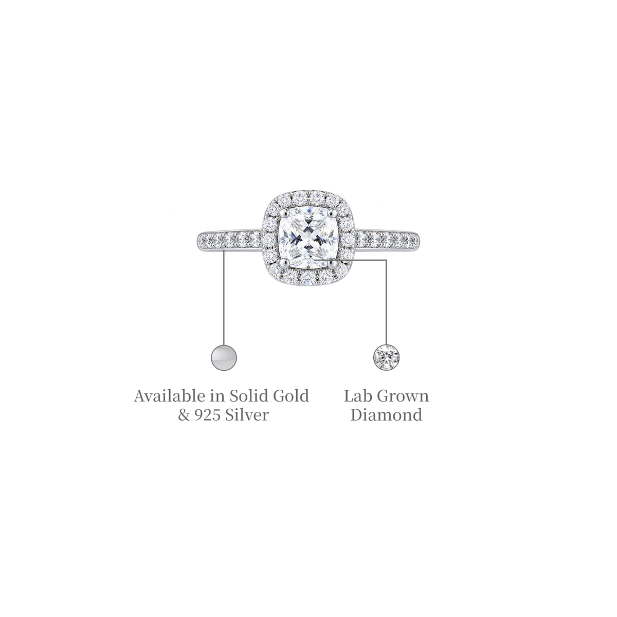 Detailed view of 1 Ct Cushion Cut Lab Grown Diamond Halo Pave Ring by Fortune Jewellery