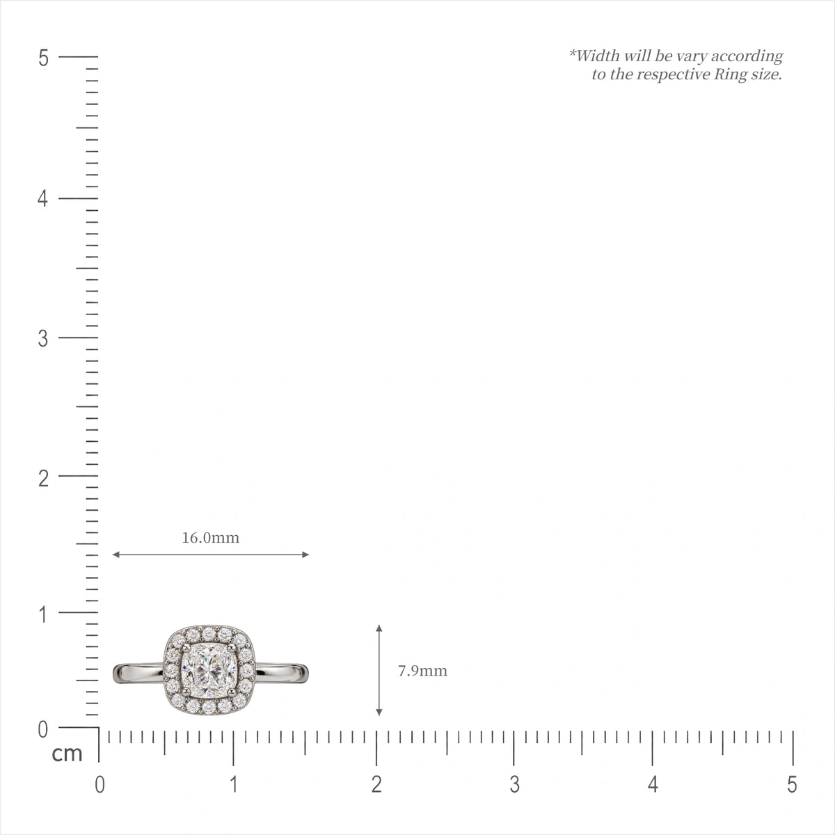 Size guide of classy 0.5 Ct cushion cut halo diamond ring, lab grown engagement ring by Fortune Jewellery