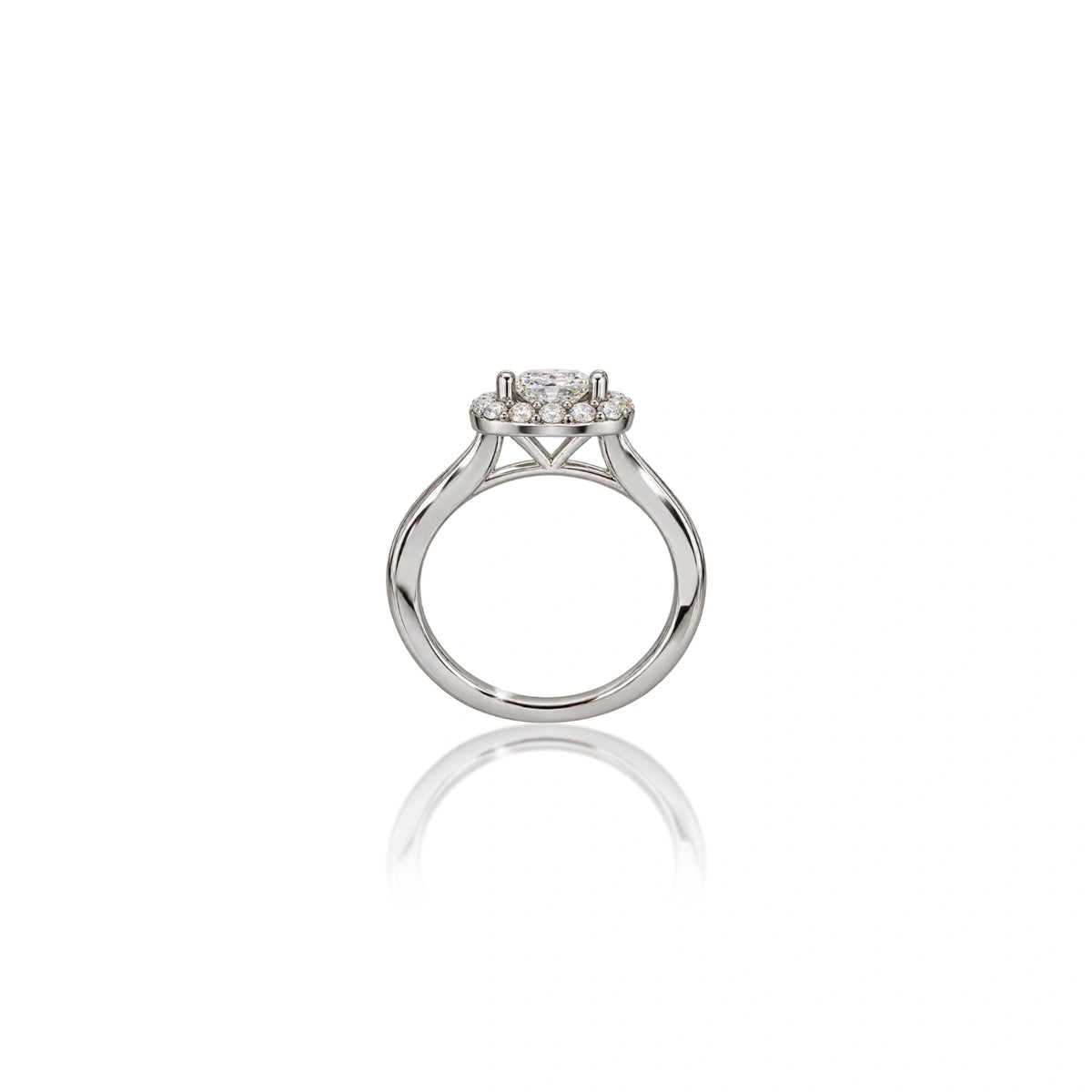 Luxurious side view of 0.5 Ct cushion cut diamond halo ring with raised setting, lab grown wedding ring