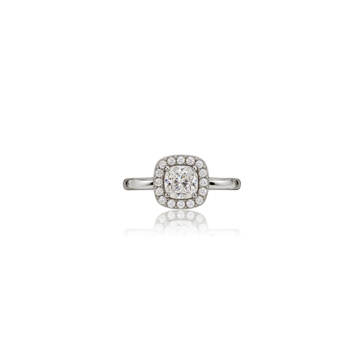 Bridal 0.5 Ct cushion cut lab grown diamond halo ring front view, ideal proposal ring by Fortune Jewellery