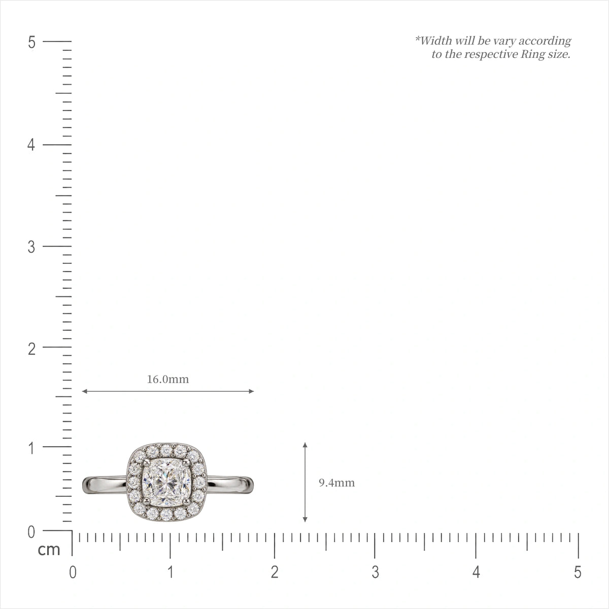 Dimension guide for classic 1 Ct cushion cut halo diamond ring, lab grown solitaire-style ring