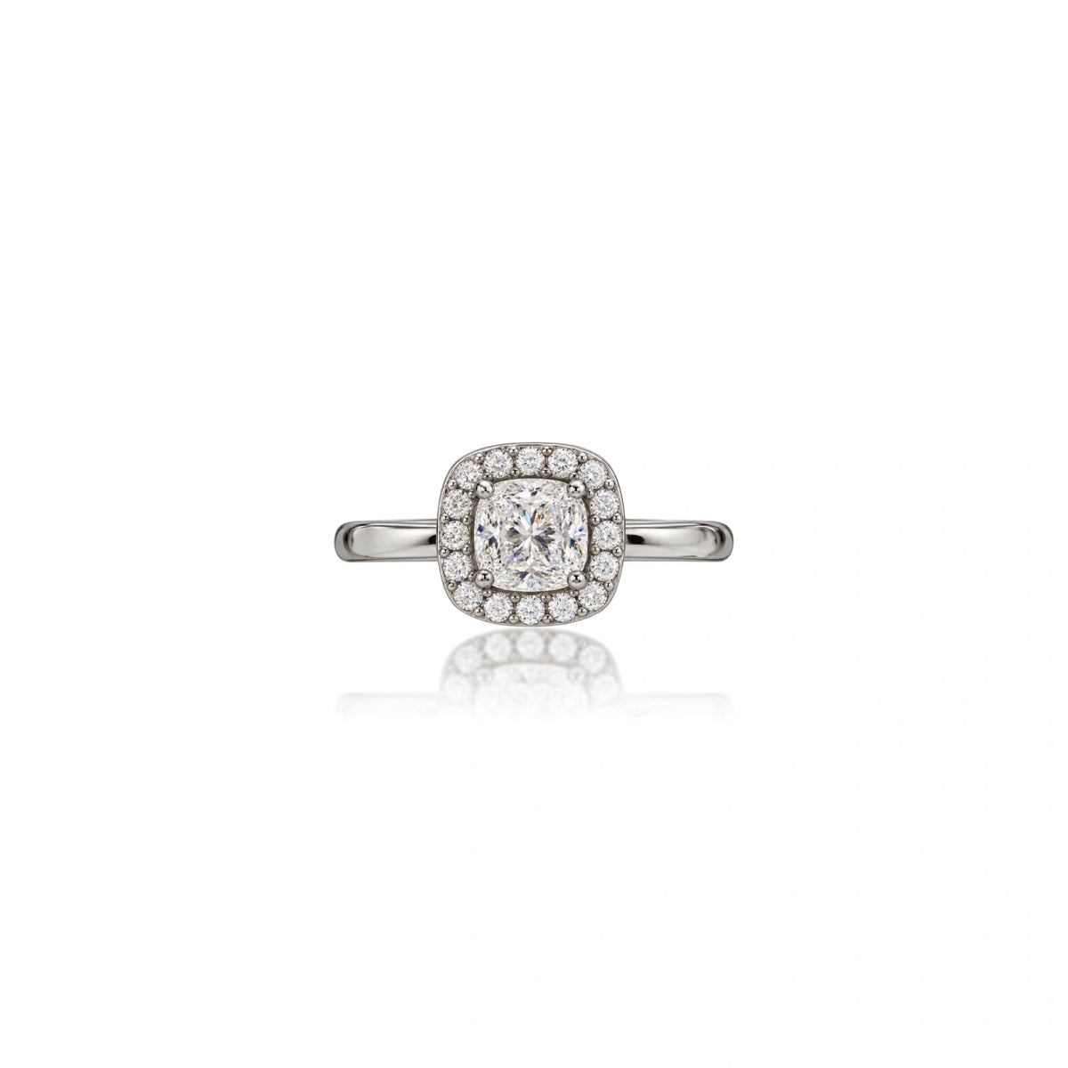 Romantic 1 Ct cushion cut lab grown diamond halo proposal ring, front view by Fortune Jewellery