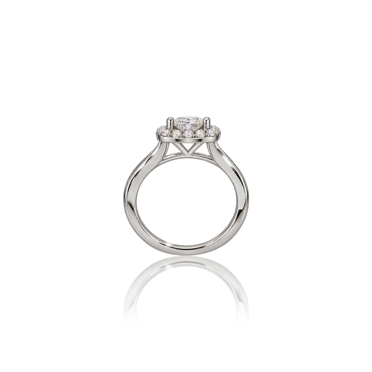 Graceful side view of 1 Ct cushion cut diamond halo ring, lab grown wedding band style engagement ring