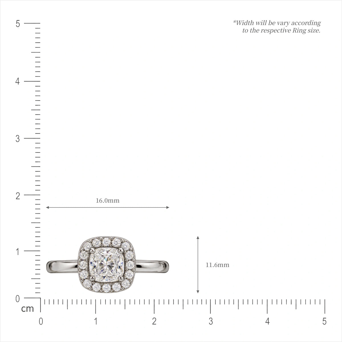 Measurement guide for opulent 3 Ct cushion cut halo diamond ring, lab grown jewellery online