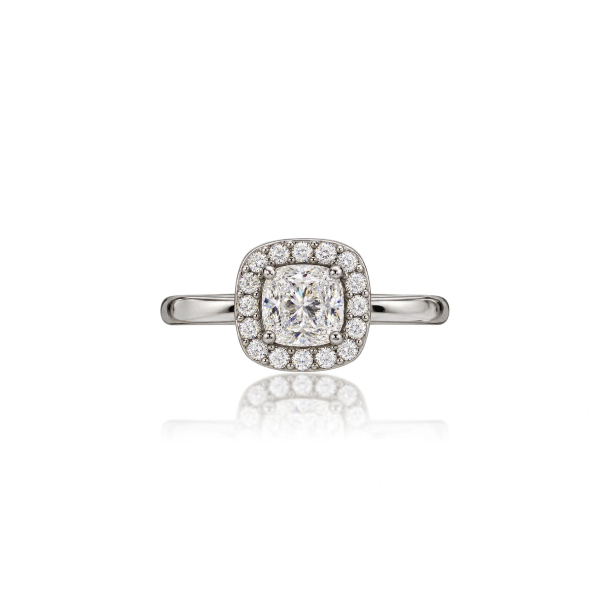 Stunning 3 Ct cushion cut lab grown diamond halo ring, front view, wedding ring by Fortune Jewellery