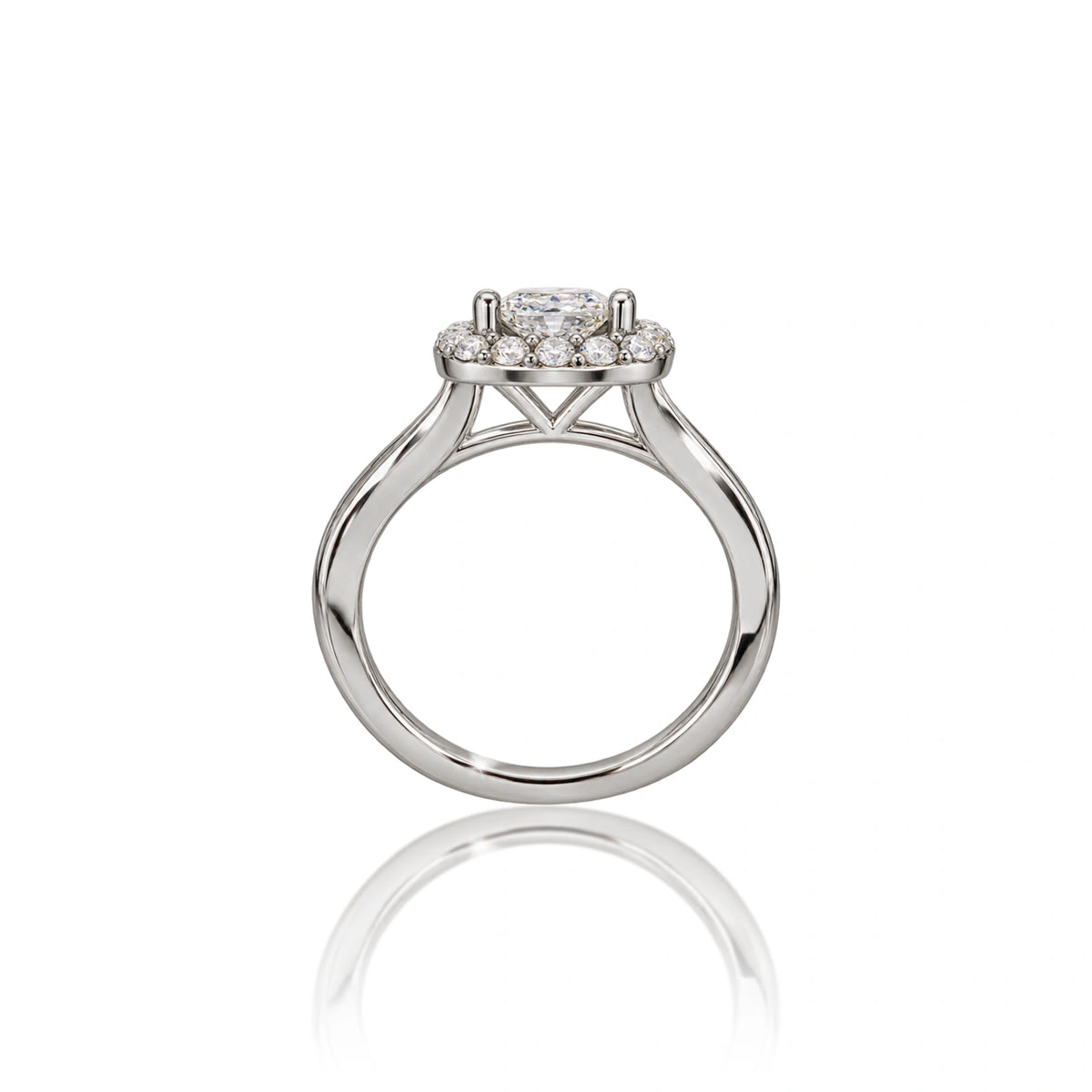 Heirloom-style side view of 3 Ct cushion cut diamond halo ring, lab grown anniversary ring