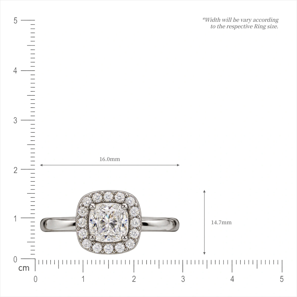 Size guide of chic 4 Ct cushion cut halo diamond ring, lab grown engagement ring with accurate dimensions