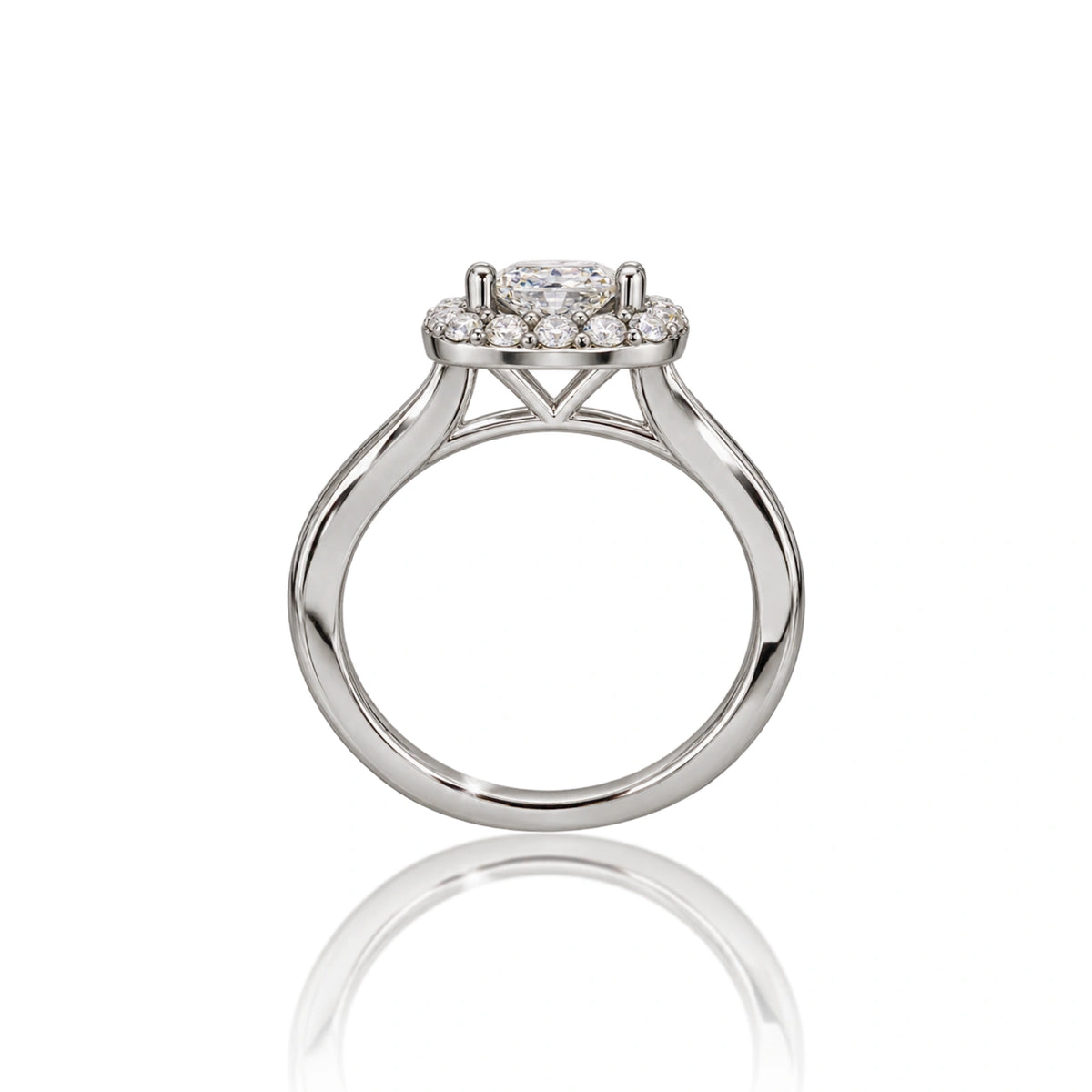 Showstopping side view of 4 Ct cushion cut halo diamond ring, luxury lab grown solitaire ring