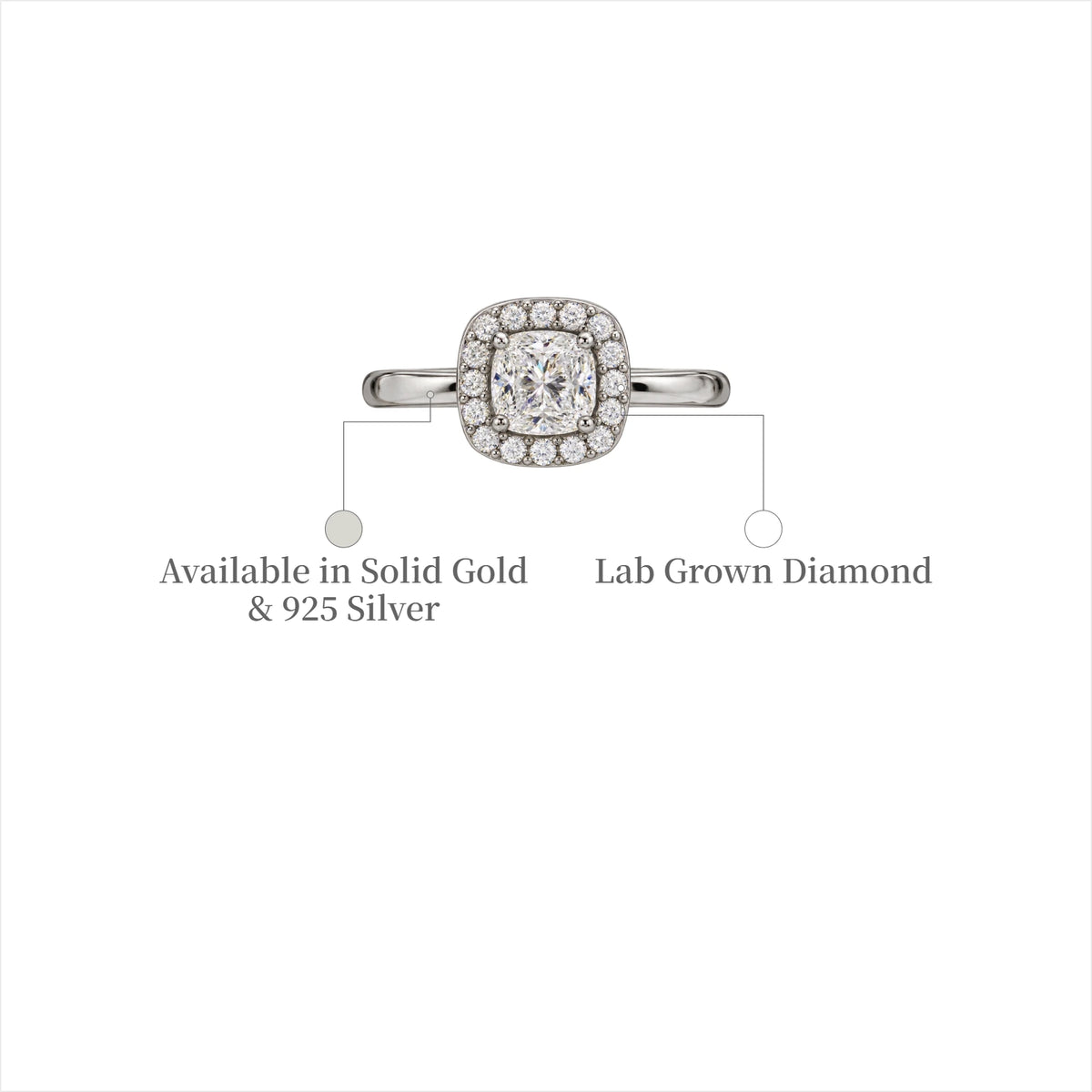 Majestic 5 Ct cushion cut lab grown diamond halo ring, available in solid gold and 925 silver