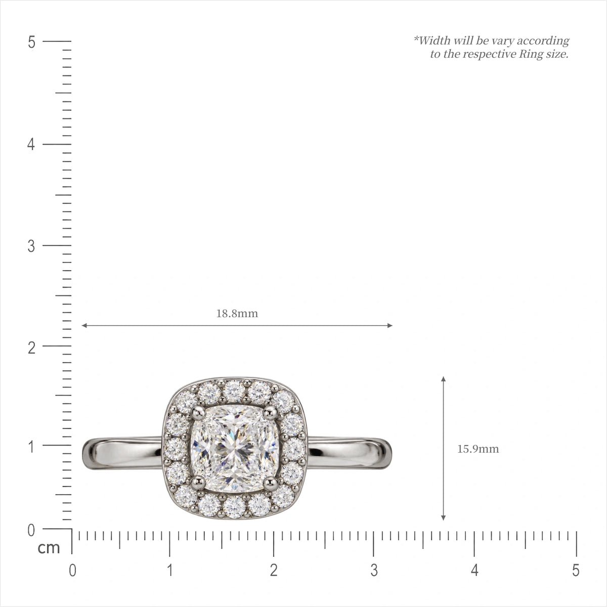 Dimension chart for rich 5 Ct cushion cut halo diamond ring, lab grown statement engagement ring