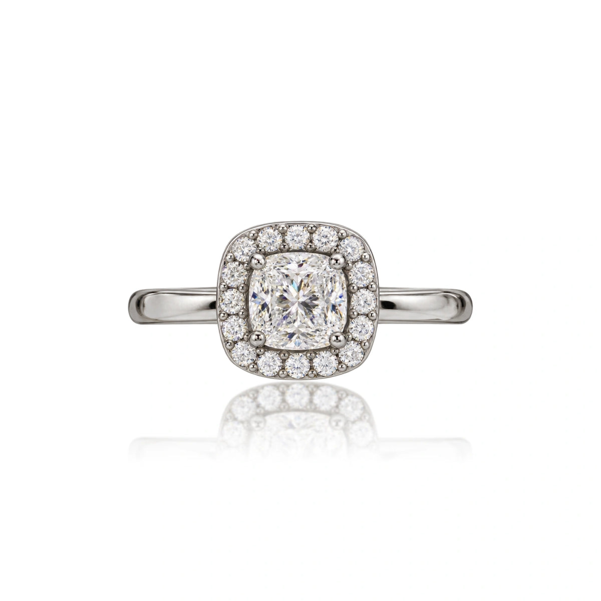 Show-stopping 5 Ct cushion cut lab grown diamond halo ring, celebration and proposal ring, front view
