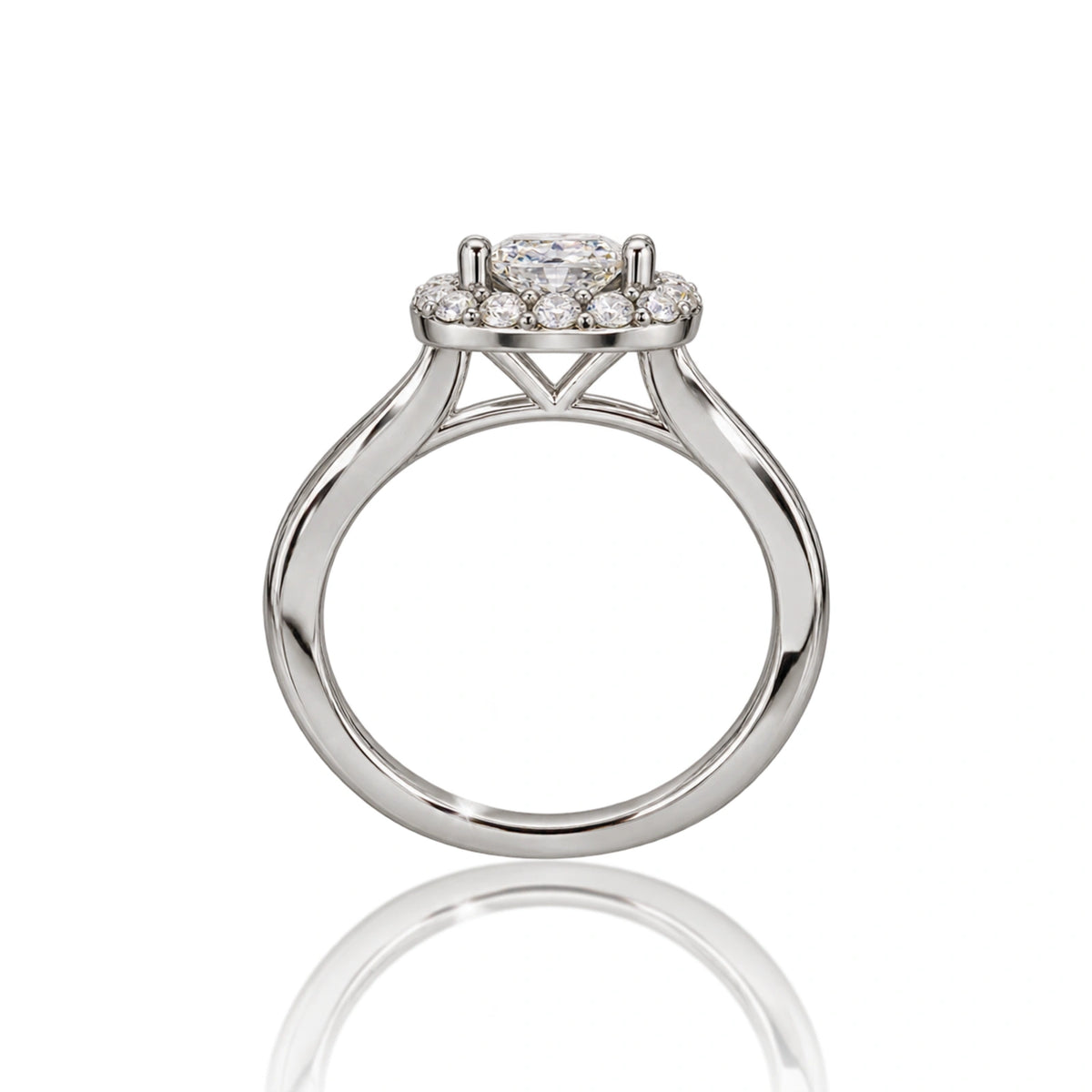Sophisticated side profile of 5 Ct cushion cut halo diamond ring, premium lab grown wedding ring by Fortune Jewellery