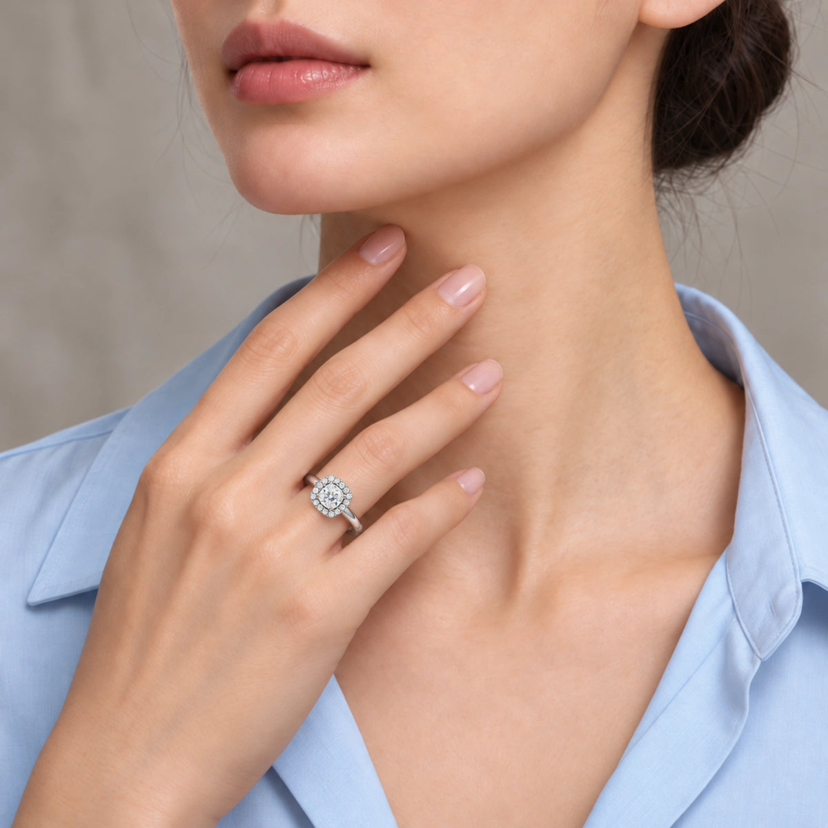 Model Wearing a Luxurious 3 Ct Cushion Cut Diamond Halo Ring