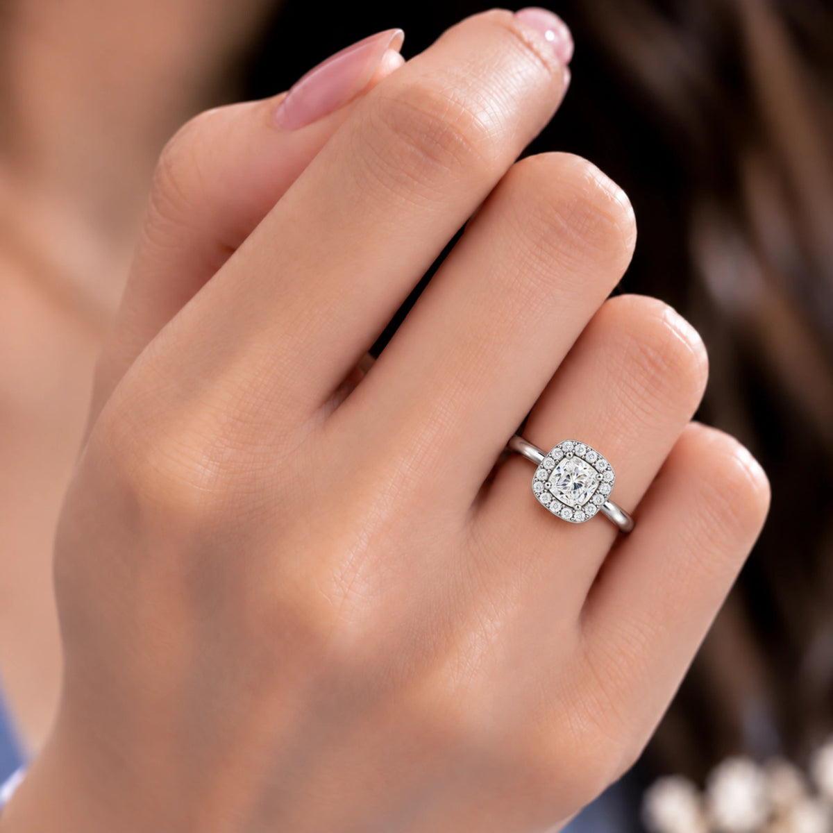 Model Wearing a Dazzling 3 Ct Cushion Cut Diamond Halo Ring