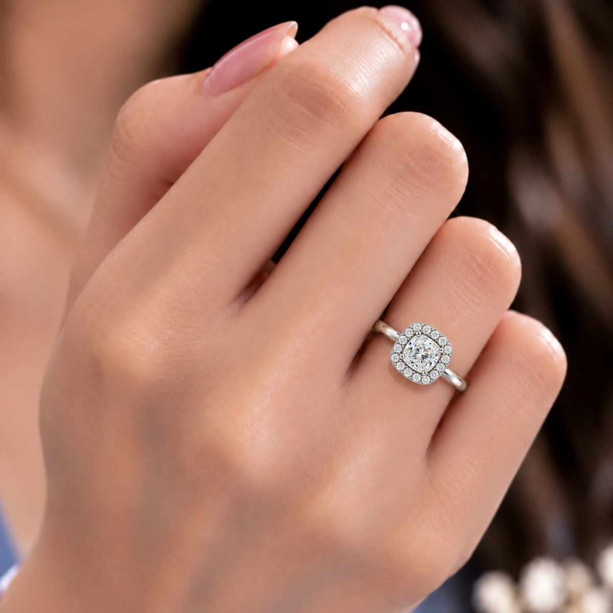 Model Wearing an Exquisite 4 Ct Cushion Cut Diamond Halo Ring