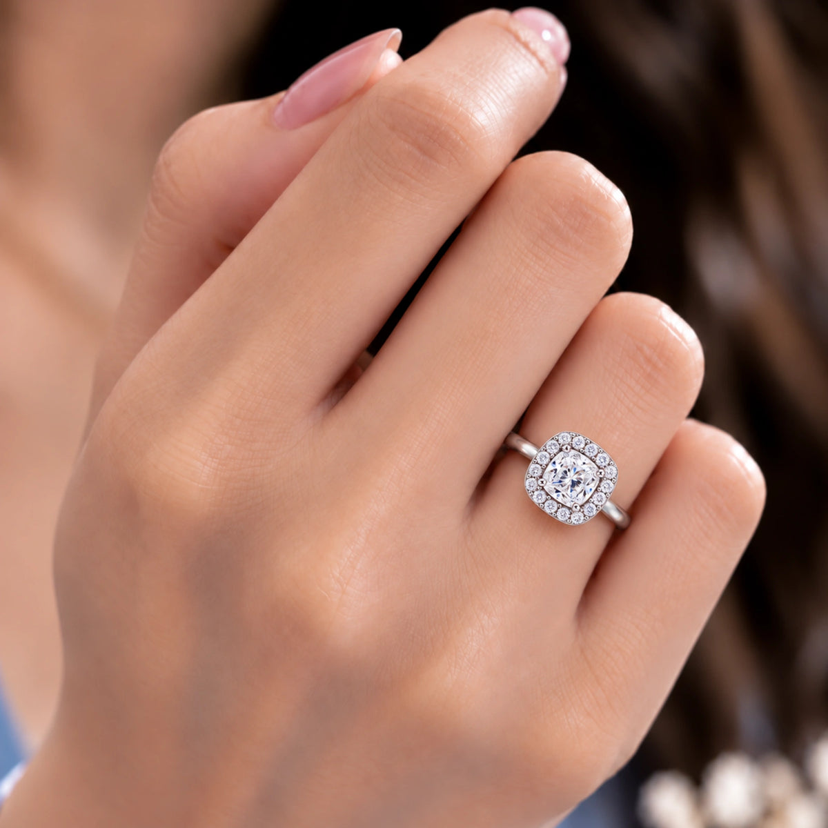 Model Wearing a Modern 5 Ct Cushion Cut Diamond Halo Ring