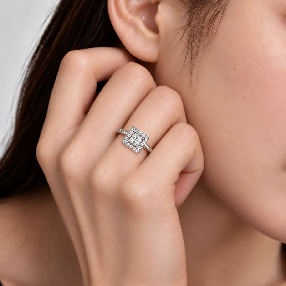Model Wearing Fashionable 5 Ct Princess Cut Diamond Halo Ring by Fortune Jewellery