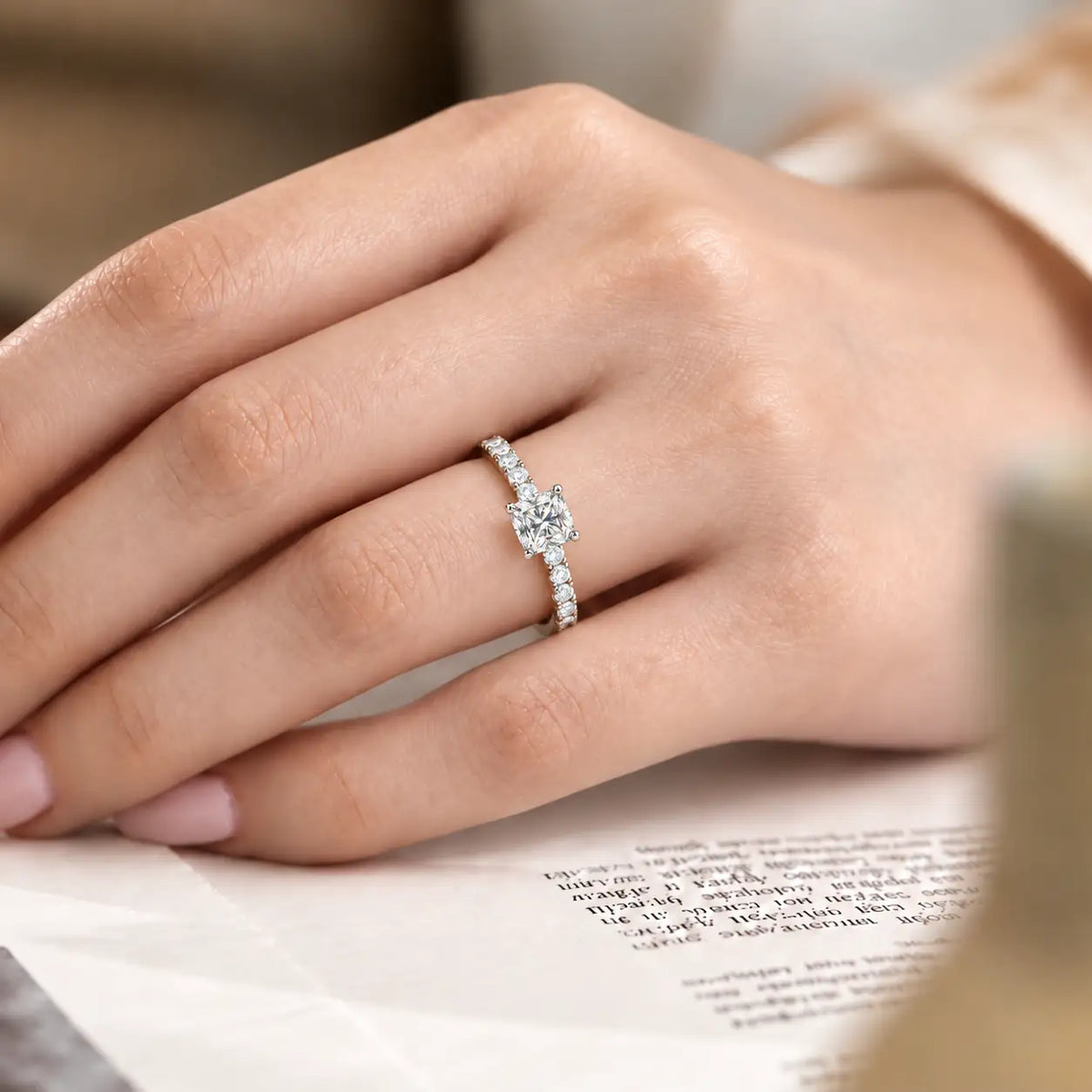 Model Wearing a Luxury Cushion Cut Diamond Pavé Ring