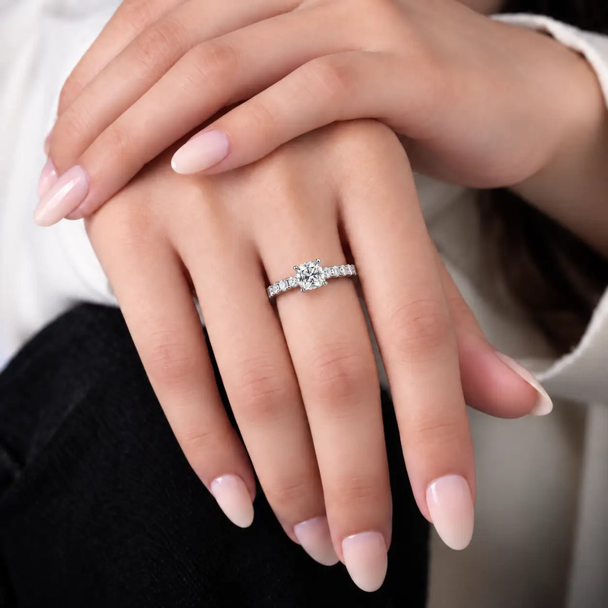 Model Wearing 0.5 Ct Cushion Cut Diamond Pave Ring