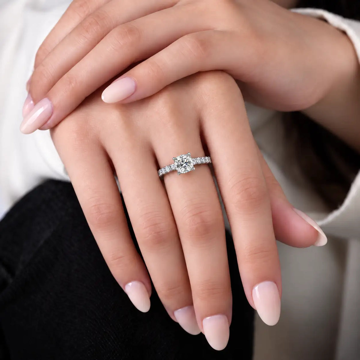 Model Wearing 1 Ct Cushion Cut Diamond Pave Ring