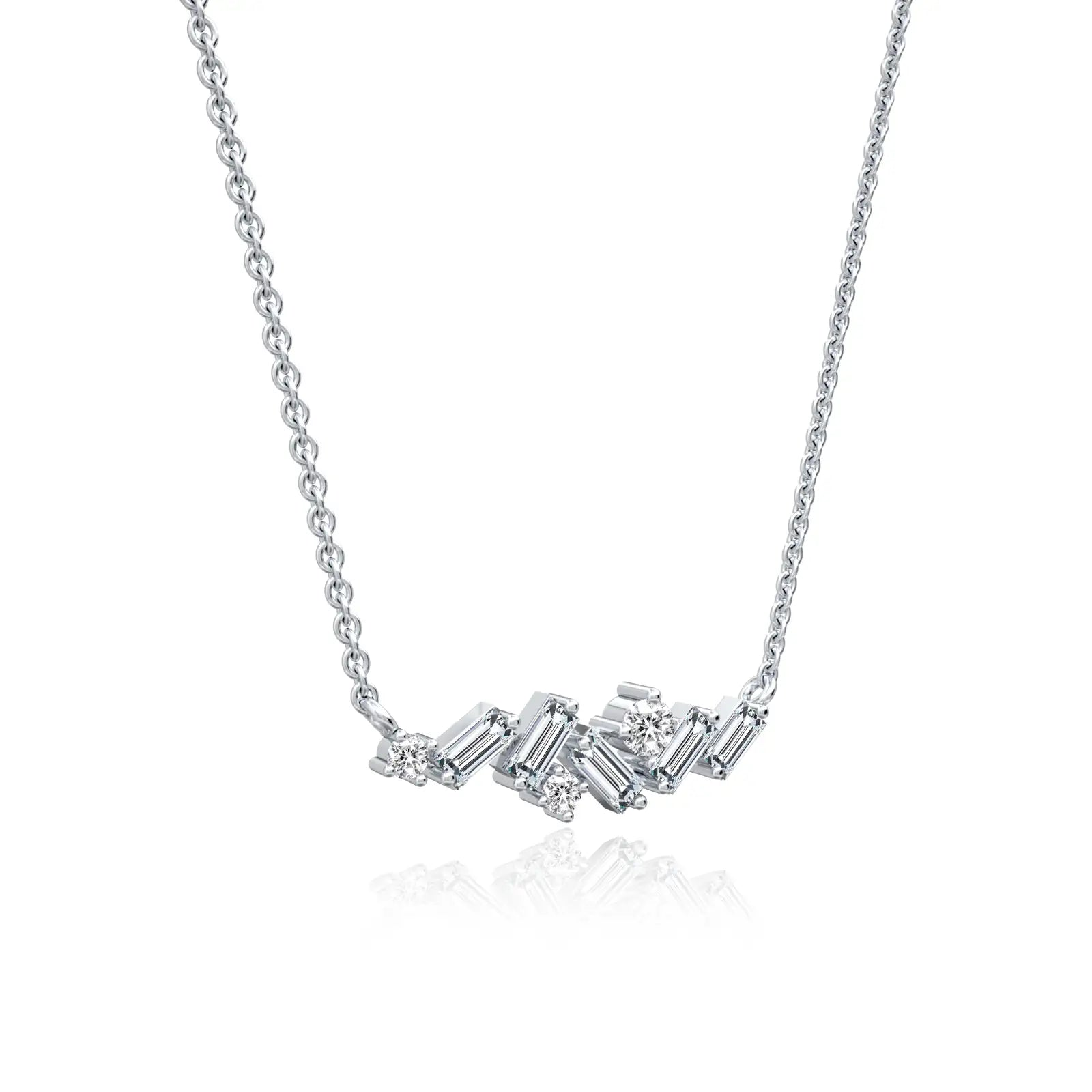 Baguette & round diamond scatter bar necklace for pretty girls