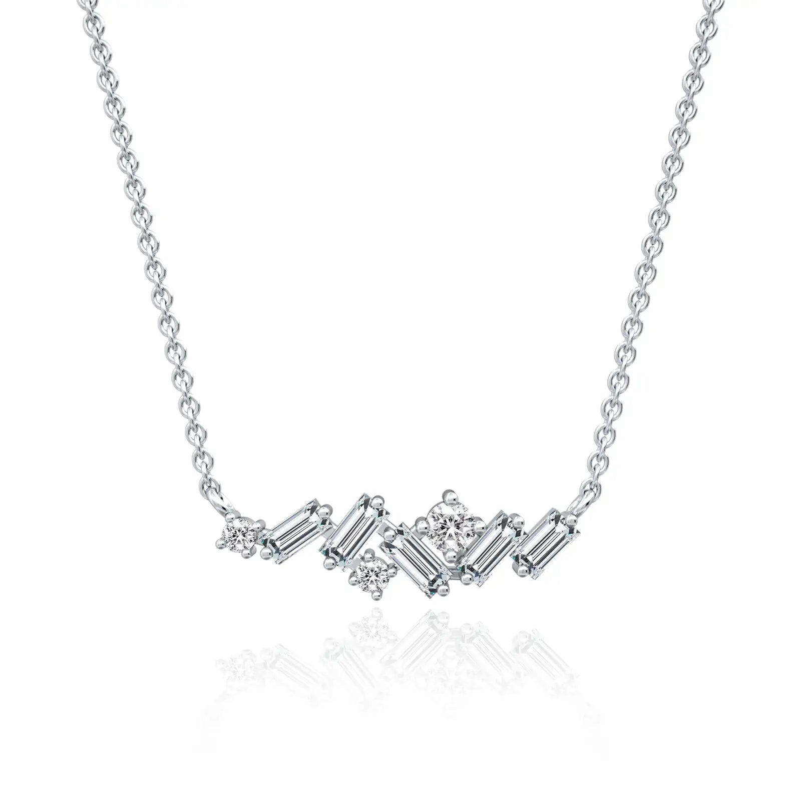 Stylish baguette & round diamond scatter bar necklace