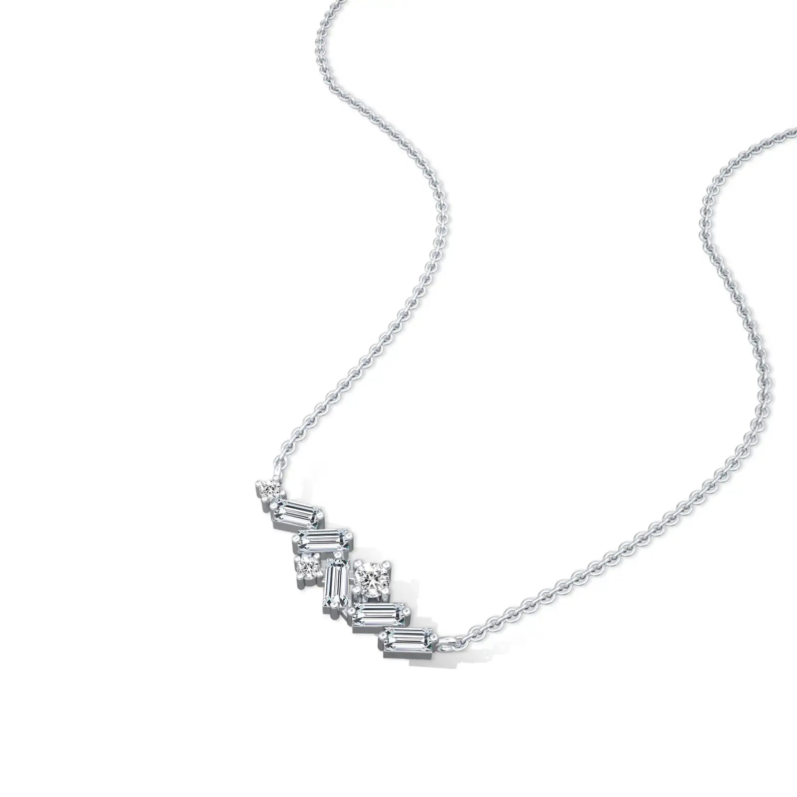 Elegant baguette & round diamond scatter bar necklace