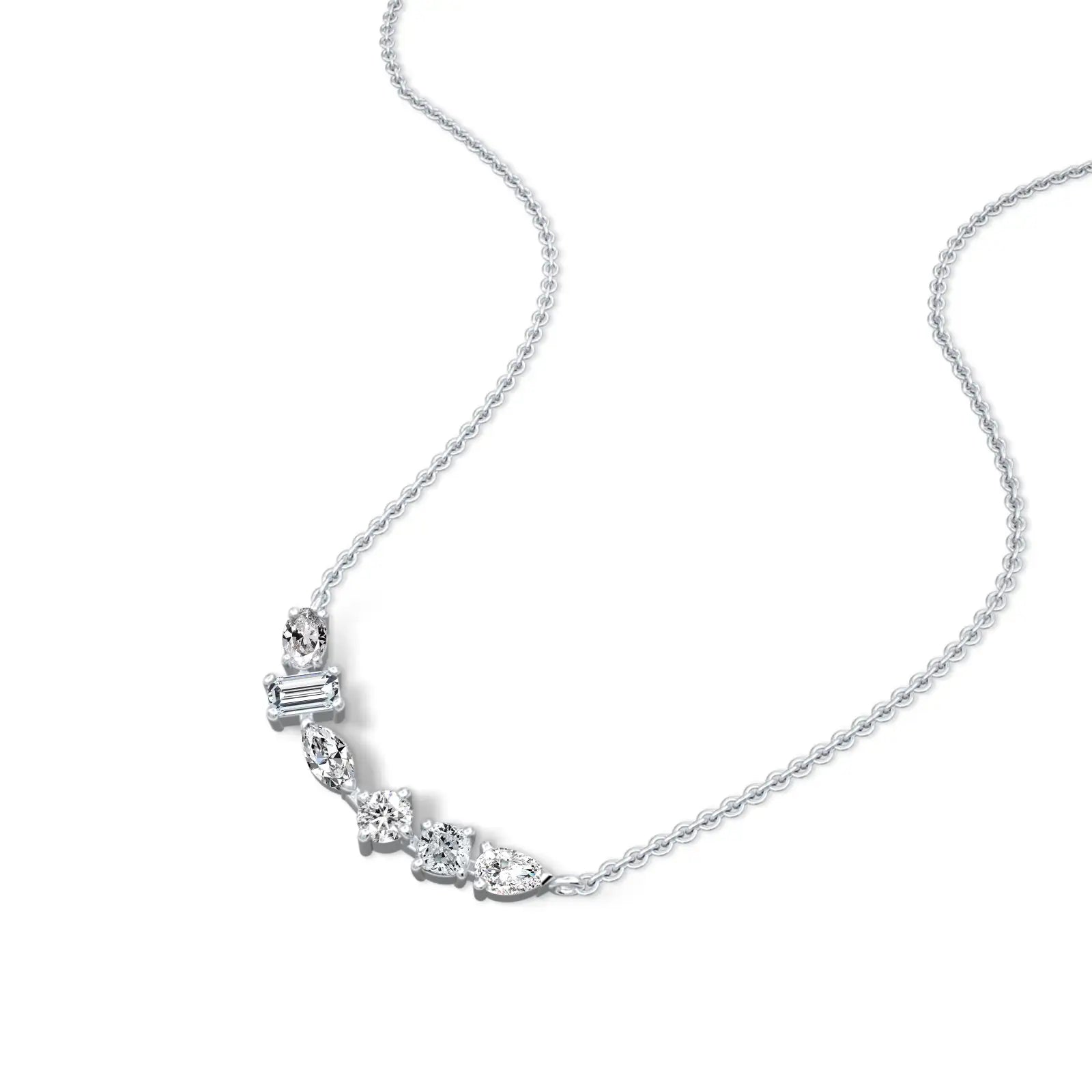 Trending multi-cut diamond curved bar necklace