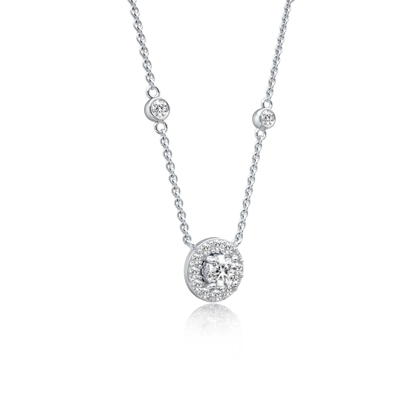 Celestia round diamond halo and bezel station necklace for office wear
