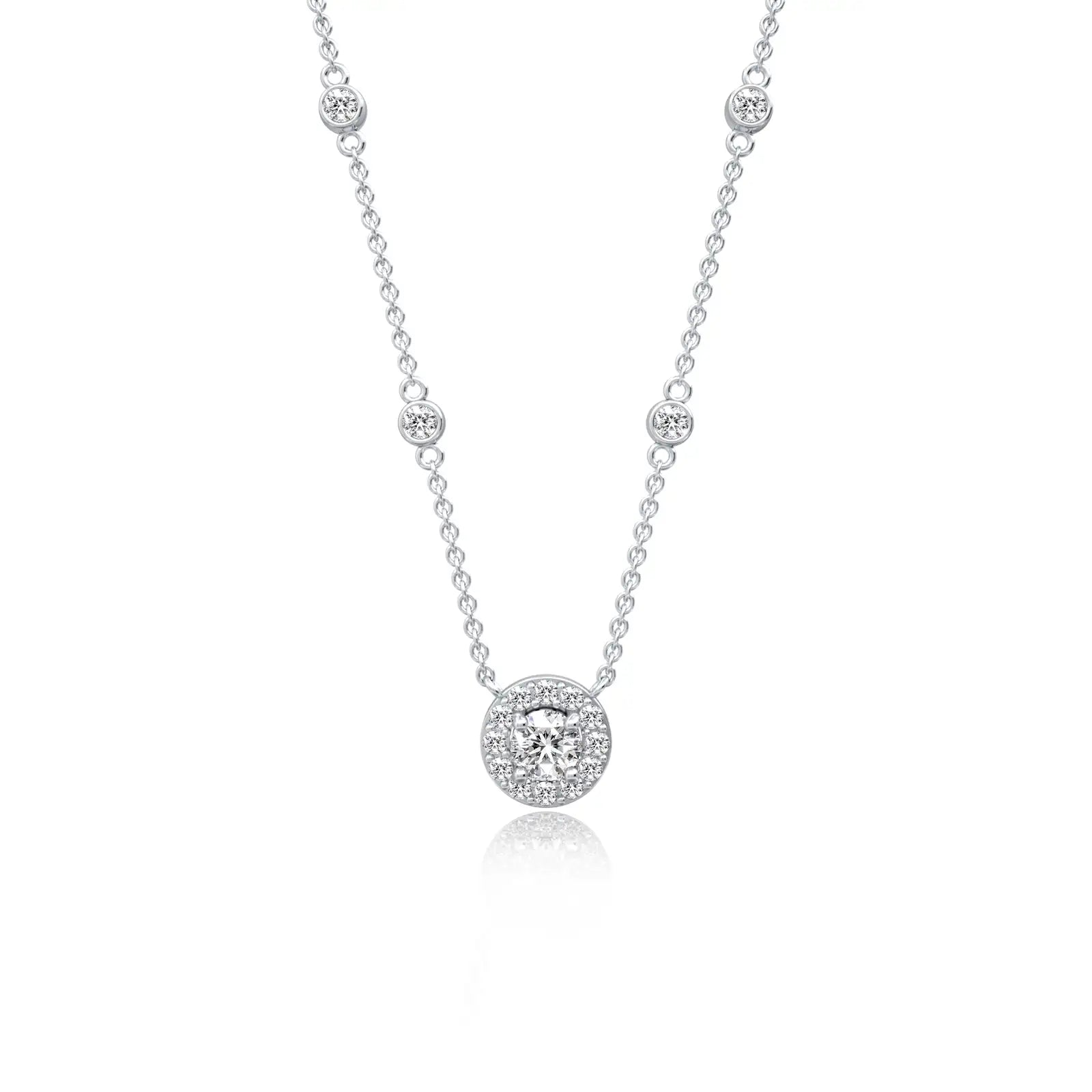 Trending celestia round diamond halo and bezel station necklace for women