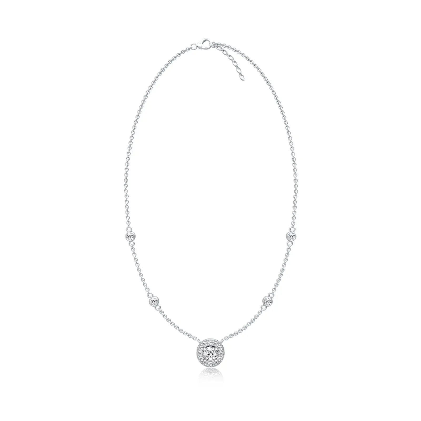 Celestia round diamond halo and bezel station necklace for pretty girls
